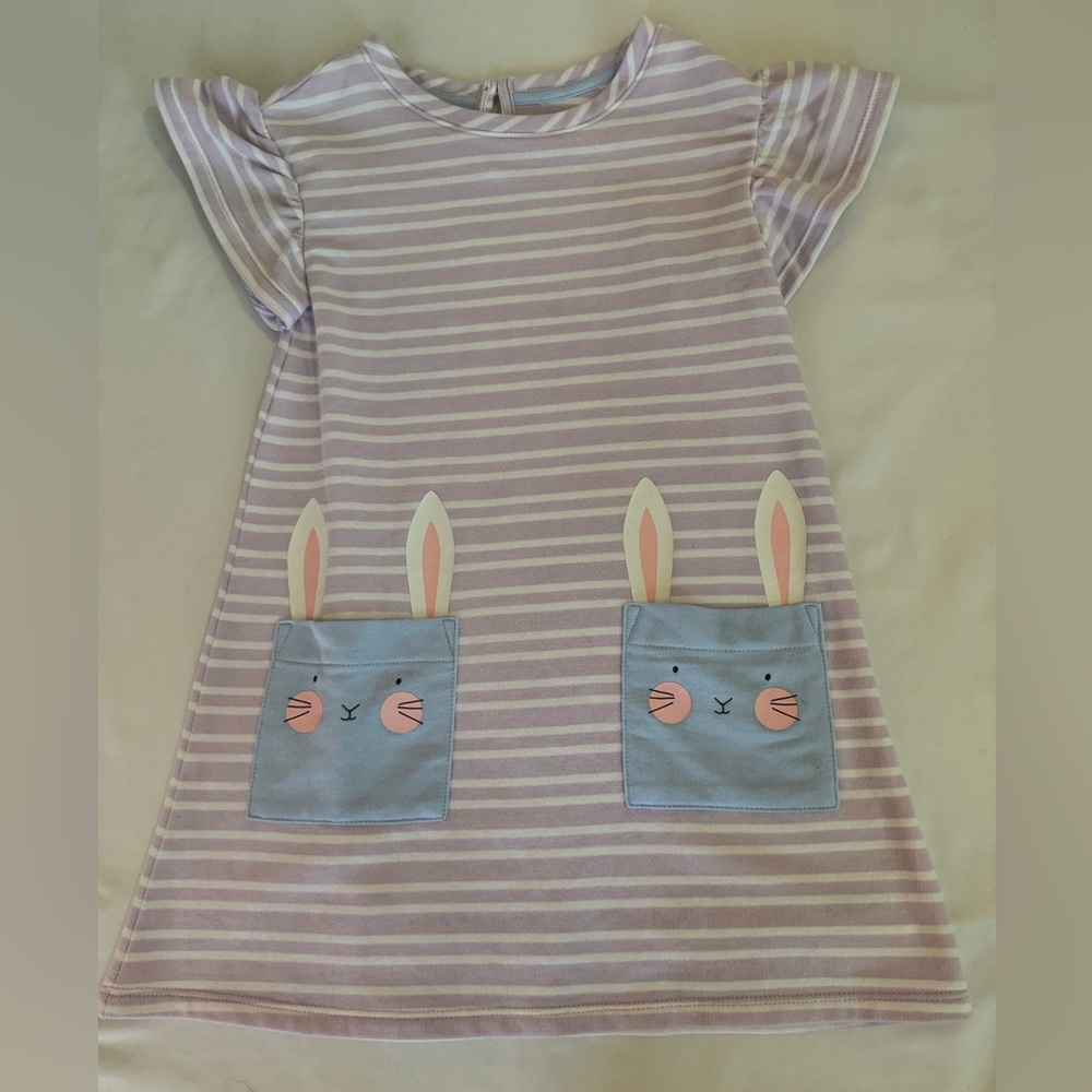 Cat & Jack Lavender Striped Dress with Bunny Pockets & Ruffled Cap Sleeve 5T